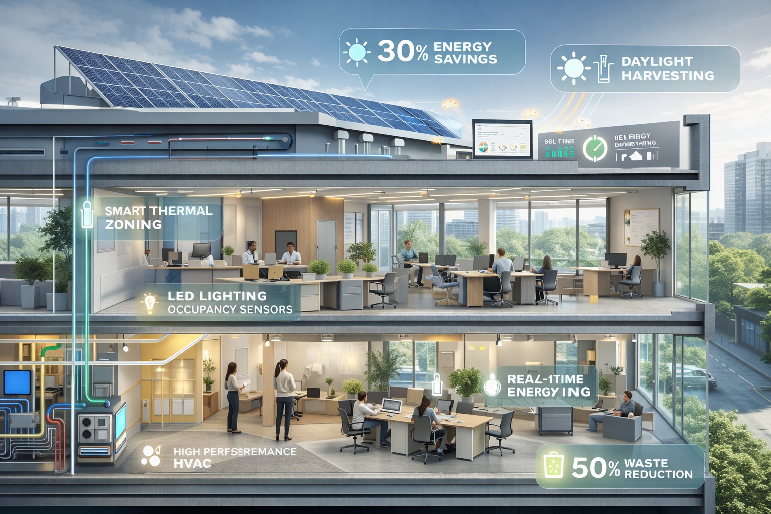 Energy efficiency metrics for sustainable green office interiors showing savings data