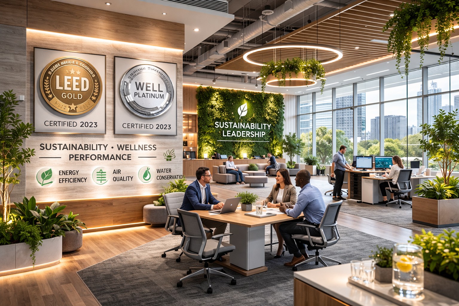 LEED and WELL certification badges for green office buildings